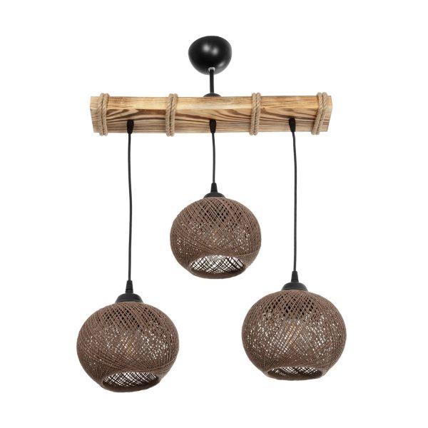 LUMA 201-0012 Vintage Κρεμαστό Φωτιστικό Ράγα Τρίφωτο 3 x E27 IP20 Μπεζ Ξύλο με Καφέ Σχοινί - Μ55 x Π18 x Υ65cm - Image 4