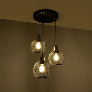 VIVIDUS 201-0020 Vintage Κρεμαστό Φωτιστικό Πλέγμα Τρίφωτο 3 x E27 IP20 Μαύρο & Χρυσό Μέταλλο – Μ40 x Π40 x Υ60cm