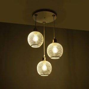 VIVIDUS 201-0021 Vintage Κρεμαστό Φωτιστικό Πλέγμα Τρίφωτο 3 x E27 IP20 Λευκό & Χρυσό Μέταλλο – Μ40 x Π40 x Υ60cm