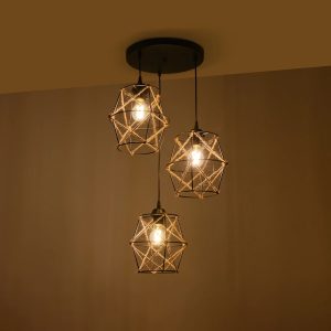 RAYLO 201-0048 Vintage Κρεμαστό Φωτιστικό Πλέγμα Τριφωτο 3 x E27 IP20 Μαύρο Μέταλλο με Μπεζ Σχοινί – Μ44 x Π44 x Υ73cm