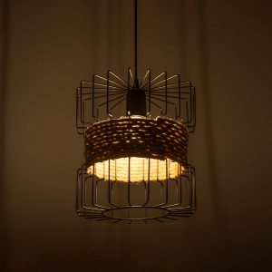 ORB 201-0096 Vintage Κρεμαστό Φωτιστικό Πλέγμα Μονόφωτο 1 x E27 IP20 Μαύρο Μέταλλο με Μπεζ Σχοινί – Μ27 x Π27 x Υ31cm