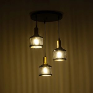 RADIANT 201-0097 Vintage Κρεμαστό Φωτιστικό Πλέγμα Τρίφωτο 3 x E27 IP20 Μαύρο & Χρυσό Μέταλλο – Μ38 x Π38 x Υ50cm