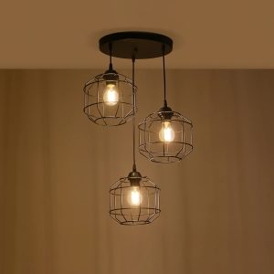 RAYNO 201-0108 Vintage Κρεμαστό Φωτιστικό Πλέγμα Τρίφωτο 3 x E27 IP20 Μαύρο Μέταλλο – Μ42 x Π42 x Υ60cm