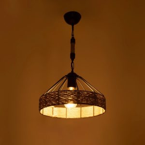 ZION 203-0003 Vintage Κρεμαστό Φωτιστικό Σχοινί Μονόφωτο 1 x E27 IP20 Μαύρο Μέταλλο με Μπεζ Σχοινί – Μ33 x Π33 x Υ29cm