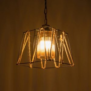 GATSBY 203-0007 Vintage Κρεμαστό Φωτιστικό Σχοινί Μονόφωτο 1 x E27 IP20 Μαύρο Μέταλλο με Μπεζ Σχοινί – Μ25 x Π25 x Υ25cm