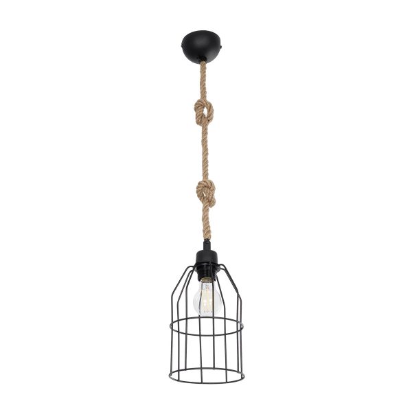 TALAH 203-0009 Vintage Κρεμαστό Φωτιστικό Σχοινί Μονόφωτο 1 x E27 IP20 Μαύρο Μέταλλο με Μπεζ Σχοινί - Μ15.5 x Π15.5 x Υ30cm - Image 3