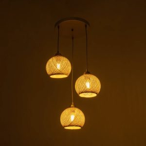 YASAM 203-0024 Vintage Κρεμαστό Φωτιστικό Πλέγμα Τρίφωτο 3 x E27 IP20 Μπεζ Ρατάν – Μ42 x Π42 x Υ54cm