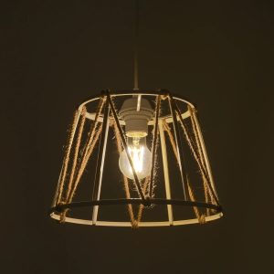 JUTE 203-0091 Μοντέρνο Κρεμαστό Φωτιστικό Σχοινί Μονόφωτο 1 x E27 IP20 Λευκό Πλαστικό με Μπεζ Σχοινί – Μ30 x Π30 x Υ23cm