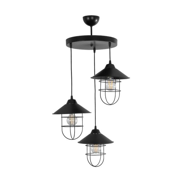 CAGE 203-0097 Vintage Κρεμαστό Φωτιστικό Καμπάνα Τρίφωτο 3 x E27 IP20 Μαύρο Μέταλλο - Μ30 x Π30 x Υ80cm - Image 3