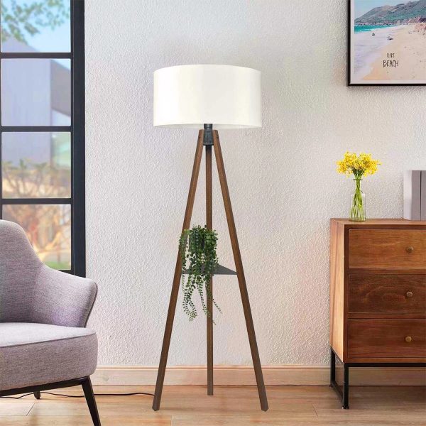 SHELF 204-0129 Μοντέρνο Eπιδαπέδιο Φωτιστικό Μονόφωτο 1 x E27 IP20 Καφέ Ξύλο με Μπεζ Ύφασμα - Μ38 x Π38 x Υ135cm - Image 3