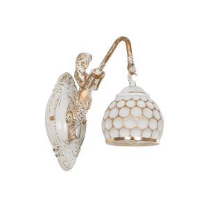 MERMAID 01317 Vintage Επιτοίχιο Φωτιστικό Απλίκα Μονόφωτο 1 x E27 IP20 Λευκό Γυαλί με Λευκό & Χρυσό Μέταλλο – Μ28 x Π14 x Υ24cm