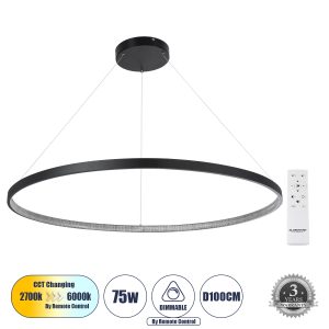 DIAMOND 61519 Κρεμαστό Φωτιστικό Δαχτυλίδι-Κύκλος LED CCT 75W 8400lm 360° AC 220-240V – Εναλλαγή Φωτισμού μέσω Τηλεχειριστηρίου All In One Ψυχρό 6000k+Φυσικό 4500k+Θερμό 2700k Dimmable Φ100cm – Μαύρο – 3 Years Warranty