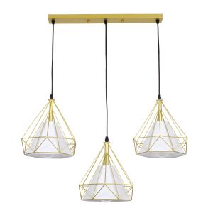 EIFFEL 61571 Vintage Κρεμαστό Φωτιστικό Ράγα Τρίφωτο 3 x E27 IP20 Χρυσό Μέταλλο με Λευκό Ύφασμα – Μ68 x Π25 x Υ130cm