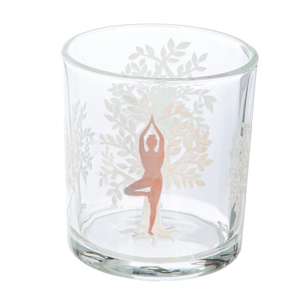 Φανάρι Καταιγίδας Cylindrical "Namaste" Δέντρο Motif Lotus Motif Yoga Motif Γυάλινο Brown Clear PU 18 Pcs. Assorted H. c - Image 4