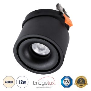 OMEGA-R 60296 Χωνευτό LED Spot Downlight TrimLess Φ10cm 12W 1560lm 36° AC 220-240V IP20 Φ10 x Υ8.2cm – Στρόγγυλο – Μαύρο – Φυσικό Λευκό 4500K – Bridgelux COB – 5 Years Warranty