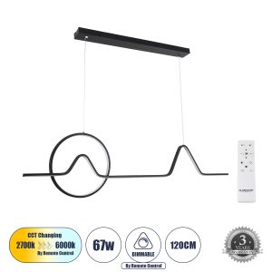 WINDY 61292 Κρεμαστό Φωτιστικό Οροφής Design LED CCT 67W 7504lm 300° AC 220-240V – Εναλλαγή Φωτισμού μέσω Τηλεχειριστηρίου All In One Ψυχρό 6000k+Φυσικό 4500k+Θερμό 2700k Dimmable Μ120 x Π4 x Υ30cm – Μαύρο – 3 Years Warranty
