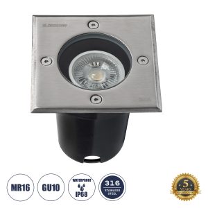GIGO 60364 Χωνευτό Τετράγωνο Σποτ Δαπέδου για Λάμπα MR16 με Ντουί GU10 – Αδιάβροχο IP68 – IK09 – Ανοξείδωτο Ατσάλι / Stainless Steel 316 – Tempered Glass – Μ11 x Π11 x Υ11.5cm – Nickel Ματ – 5 Years Warranty