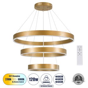VENOM TRIO 61190 Κρεμαστό Φωτιστικό Δαχτυλίδι-Κύκλος LED CCT 120W 14158lm 120° AC 220-240V – Εναλλαγή Φωτισμού μέσω Τηλεχειριστηρίου All In One Ψυχρό 6000K+Φυσικό 4500K+Θερμό 2700K Dimmable Φ40+60+80cm – Χρυσό Βούρτσας – 3 Years Warranty