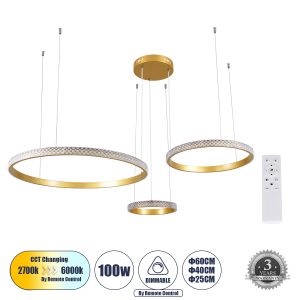 DIAMOND TRIO 61143 Κρεμαστό Φωτιστικό Δαχτυλίδι-Κύκλος LED CCT 100W 12123lm 360° AC 220-240V – Εναλλαγή Φωτισμού μέσω Τηλεχειριστηρίου All In One Ψυχρό 6000k+Φυσικό 4500k+Θερμό 2700k Dimmable Φ25+40+60cm – Χρυσό Βούρτσας – 3 Years Warranty