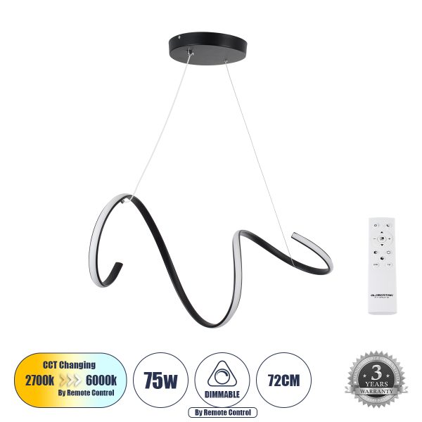 SPIRALE 61283 Κρεμαστό Φωτιστικό Οροφής Design LED CCT 75W 8400lm 300° AC 220-240V - Εναλλαγή Φωτισμού μέσω Τηλεχειριστηρίου All In One Ψυχρό 6000k+Φυσικό 4500k+Θερμό 2700k Dimmable Μ72 x Π25 x Υ30cm - Μαύρο - 3 Years Warranty