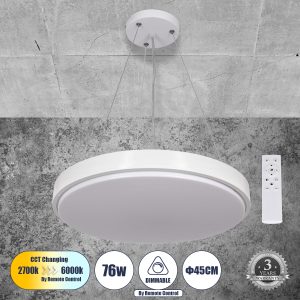 CASPER 61018 Κρεμαστή Πλαφονιέρα Οροφής LED CCT 76W 8372lm 120° AC 220-240V – Εναλλαγή Φωτισμού μέσω Τηλεχειριστηρίου All In One Ψυχρό Λευκό 6000k+Φυσικό Λευκό 4500k+Θερμό Λευκό 2700k Dimmable Φ45cm – Λευκό – 3 Years Warranty