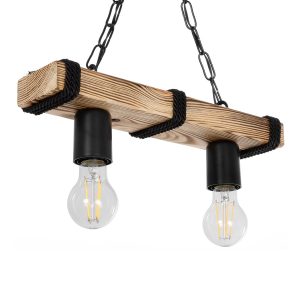GLISTER 201-0002 Vintage Κρεμαστό Φωτιστικό Ράγα Δίφωτο 2 x E27 IP20 Μπεζ Ξύλο με Μαύρο Σχοινί – Μ38 x Π9 x Υ10cm