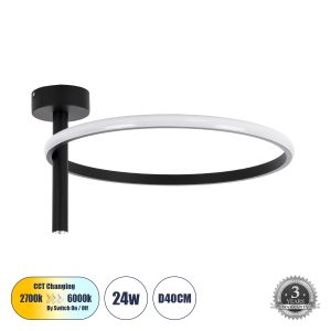 VERONA 61220 Φωτιστικό Οροφής Δαχτυλίδι-Κύκλος LED CCT 24W 2688lm 360° AC 220-240V – Εναλλαγή Φωτισμού μέσω Διακόπτη On/Off All In One Ψυχρό 6000k+Φυσικό 4500k+Θερμό 2700k Φ40 x Υ23cm – Μαύρο – 3 Χρόνια Εγγύηση