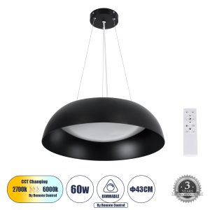 ANATOLIA 61267 Κρεμαστή Πλαφονιέρα Οροφής LED CCT 60W 6900lm 120° AC 220-240V – Εναλλαγή Φωτισμού μέσω Τηλεχειριστηρίου All In One Ψυχρό 6000k+Φυσικό 4500k+Θερμό 2700k Dimmable Φ43cm – Μαύρο – 3 Years Warranty