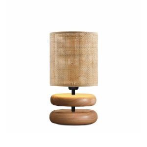 KLOO 204-0143 Boho Eπιτραπέζιο Φωτιστικό Μονόφωτο 1 x E27 IP20 Καφέ Ξύλο με Μπεζ Διάτρητο Ύφασμα – Μ15 x Π15 x Υ35cm