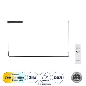 LINARIA 60921 Κρεμαστό Φωτιστικό Οροφής Design LED CCT 36W 4150lm 200° AC 220-240V – Εναλλαγή Φωτισμού μέσω Τηλεχειριστηρίου All In One Ψυχρό 6000k+Φυσικό 4500k+Θερμό 2700k Dimmable Μ120 x Π2 x Υ10cm – Μαύρο – 3 Years Warranty