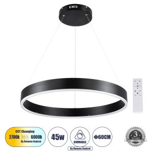 VENOM 61176 Κρεμαστό Φωτιστικό Δαχτυλίδι-Κύκλος LED CCT 45W 5269lm 120° AC 220-240V – Εναλλαγή Φωτισμού μέσω Τηλεχειριστηρίου All In One Ψυχρό 6000K+Φυσικό 4500K+Θερμό 2700K Dimmable Φ60cm – Μαύρο – 3 Years Warranty
