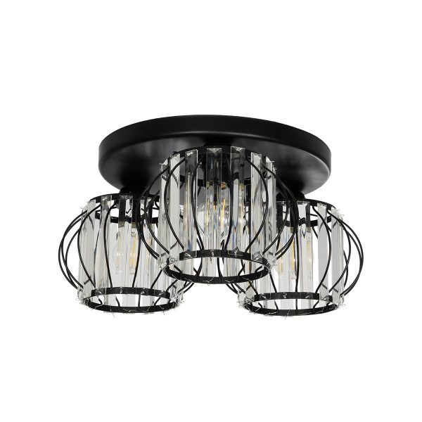ILLUME 201-0100 Vintage Φωτιστικό Οροφής Κρύσταλλα Τρίφωτο 3 x E27 IP20 Μαύρο & Χρυσό Μέταλλο με Διάφανο Κρύσταλλο - Μ50 x Π50 x Υ19cm