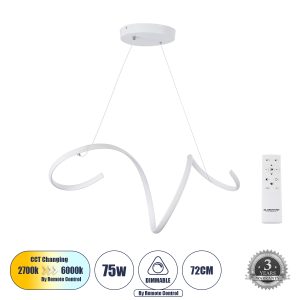 SPIRALE 61284 Κρεμαστό Φωτιστικό Οροφής Design LED CCT 75W 8400lm 300° AC 220-240V – Εναλλαγή Φωτισμού μέσω Τηλεχειριστηρίου All In One Ψυχρό 6000k+Φυσικό 4500k+Θερμό 2700k Dimmable Μ72 x Π25 x Υ30cm – Λευκό – 3 Years Warranty