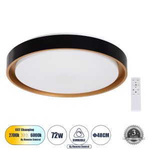 BARCHETTA 61047-S Πλαφονιέρα Οροφής LED CCT 72W 8306lm 120° AC 220-240V – Εναλλαγή Φωτισμού μέσω Τηλεχειριστηρίου All In One Ψυχρό 6000k+Φυσικό 4500k+Θερμό 2700k Dimmable Φ48cm – Μαύρο με Χρυσό – 3 Years Warranty