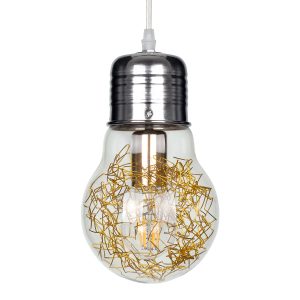 LAMP 00807 Μοντέρνο Κρεμαστό Φωτιστικό Φιγούρα Μονόφωτο 1 x E27 IP20 Ασημί & Χρυσό Μέταλλο με Διάφανο Γυαλί – Μ15 x Π15 x Υ27cm