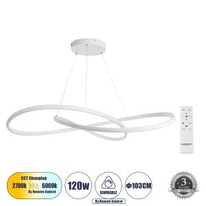 DEXTER 60918 Κρεμαστό Φωτιστικό Οροφής Design LED CCT 120W 13440lm 300° AC 220-240V – Εναλλαγή Φωτισμού μέσω Τηλεχειριστηρίου All In One Ψυχρό 6000k+Φυσικό 4500k+Θερμό 2700k Dimmable Φ103cm – Λευκό – 3 Years Warranty