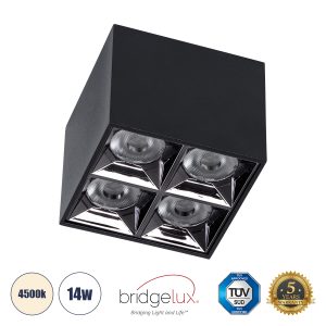 LUMINAR SUPERIOR 60332 Επιφανειακό LED Spot Downlight TrimLess 14W 1960lm 36° AC 220-240V IP20 Μ8.2 x Π8.2 x Υ6.6cm – Μαύρο με Κάτοπτρο Χρωμίου – Φυσικό Λευκό 4500K – Bridgelux High Lumen Chip Gen2 – TÜV Certified Driver – 5 Years Warranty