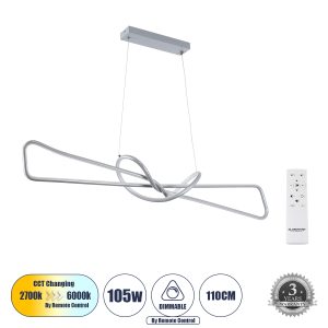 DOLORES 61281 Κρεμαστό Φωτιστικό Οροφής Design LED CCT 105W 11760lm 300° AC 220-240V – Εναλλαγή Φωτισμού μέσω Τηλεχειριστηρίου All In One Ψυχρό 6000k+Φυσικό 4500k+Θερμό 2700k Dimmable Μ110 x Π17 x Υ17.5cm – Νίκελ Ασημί Βούρτσας – 3 Years Warran