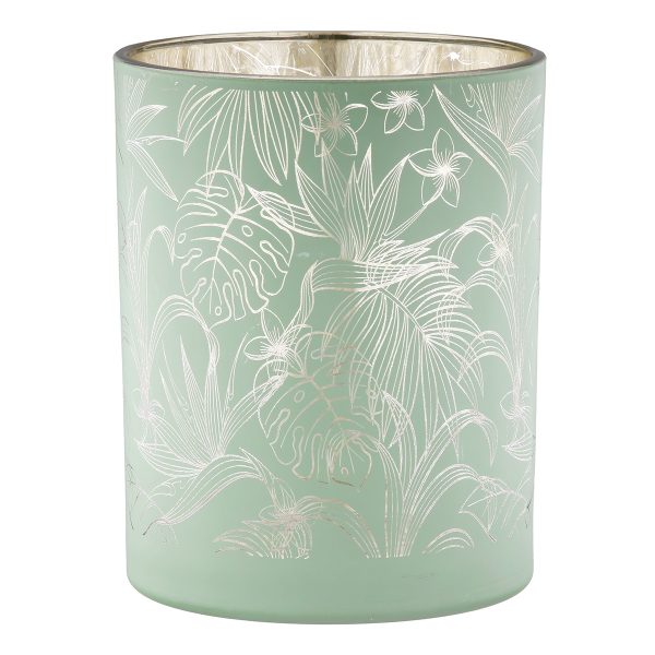 Φανάρι Καταιγίδας Cylindrical "Tropic" Leaf Motif Γυάλινο Πράσινο Pink PU Pcs. Assorted H. 125 cm D. 10 cm - Image 3