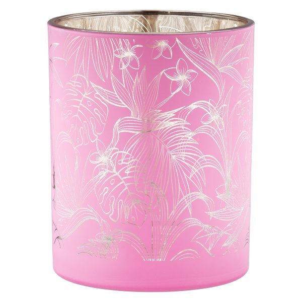 Φανάρι Καταιγίδας Cylindrical "Tropic" Leaf Motif Γυάλινο Πράσινο Pink PU Pcs. Assorted H. 125 cm D. 10 cm - Image 4