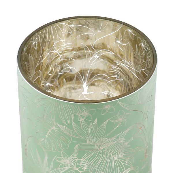 Φανάρι Καταιγίδας Cylindrical "Tropic" Leaf Motif Γυάλινο Πράσινο Pink PU Pcs. Assorted H. 125 cm D. 10 cm - Image 5