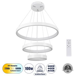 NEMESIS TRIO 61168 Κρεμαστό Φωτιστικό Δαχτυλίδι-Κύκλος LED CCT 100W 12123lm 360° AC 220-240V – Εναλλαγή Φωτισμού μέσω Τηλεχειριστηρίου All In One Ψυχρό 6000k+Φυσικό 4500k+Θερμό 2700k Dimmable Φ25+40+60cm – Λευκό – 3 Years Warranty