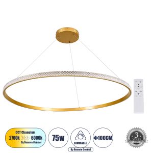 DIAMOND 61135 Κρεμαστό Φωτιστικό Δαχτυλίδι-Κύκλος LED CCT 75W 8743lm 360° AC 220-240V – Εναλλαγή Φωτισμού μέσω Τηλεχειριστηρίου All In One Ψυχρό 6000k+Φυσικό 4500k+Θερμό 2700k Dimmable Φ100cm – Χρυσό Βούρτσας – 3 Years Warranty