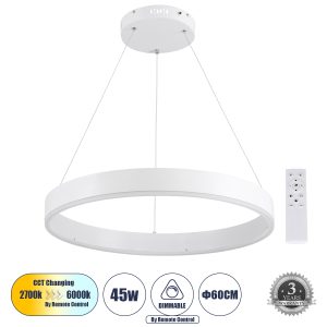 VENOM 61177 Κρεμαστό Φωτιστικό Δαχτυλίδι-Κύκλος LED CCT 45W 5269lm 120° AC 220-240V – Εναλλαγή Φωτισμού μέσω Τηλεχειριστηρίου All In One Ψυχρό 6000K+Φυσικό 4500K+Θερμό 2700K Dimmable Φ60cm – Λευκό – 3 Years Warranty