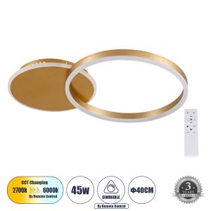 VENOM 61119 Φωτιστικό Οροφής Δαχτυλίδι-Κύκλος LED CCT 45W 5445lm 360° AC 220-240V – Εναλλαγή Φωτισμού μέσω Τηλεχειριστηρίου All In One Ψυχρό 6000k+Φυσικό 4500k+Θερμό 2700k Dimmable Φ40cm+BackLight – Χρυσό Βούρτσας – 3 Years Warranty