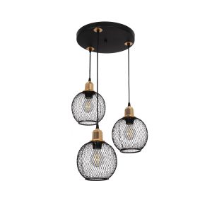 VIVIDUS 201-0020 Vintage Κρεμαστό Φωτιστικό Πλέγμα Τρίφωτο 3 x E27 IP20 Μαύρο & Χρυσό Μέταλλο – Μ40 x Π40 x Υ60cm