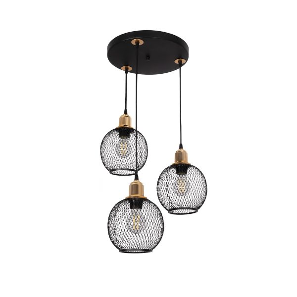 VIVIDUS 201-0020 Vintage Κρεμαστό Φωτιστικό Πλέγμα Τρίφωτο 3 x E27 IP20 Μαύρο & Χρυσό Μέταλλο - Μ40 x Π40 x Υ60cm