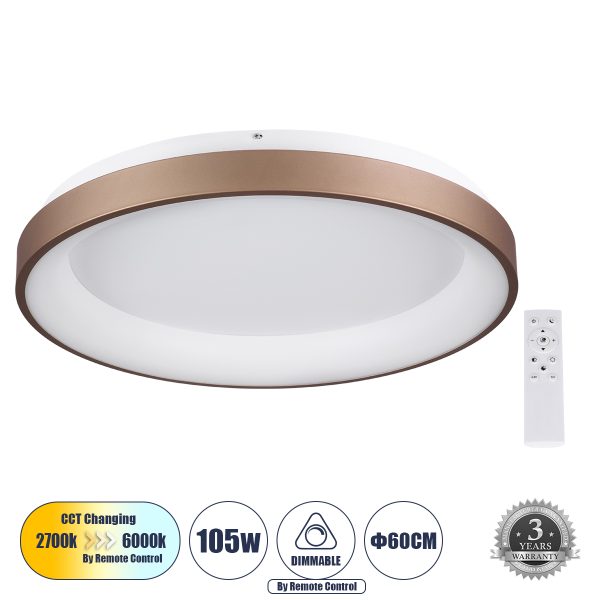 SALEM 61240 Πλαφονιέρα Οροφής Δαχτυλίδι-Κύκλος LED CCT 105W 12075lm 120° AC 220-240V - Εναλλαγή Φωτισμού μέσω Τηλεχειριστηρίου All In One Ψυχρό 6000k+Φυσικό 4500k+Θερμό 2700k Dimmable Φ60cm - Καφέ & Χάλκινο - 3 Years Warranty