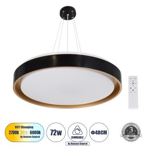 BARCHETTA 61047-P Κρεμαστή Πλαφονιέρα Οροφής LED CCT 72W 8306lm 120° AC 220-240V – Εναλλαγή Φωτισμού μέσω Τηλεχειριστηρίου All In One Ψυχρό 6000k+Φυσικό 4500k+Θερμό 2700k Dimmable Φ48cm – Μαύρο με Χρυσό – 3 Years Warranty
