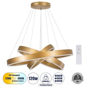 VENOM TRIO 61190-DECO Κρεμαστό Φωτιστικό Δαχτυλίδι-Κύκλος LED CCT 120W 14158lm 120° AC 220-240V – Εναλλαγή Φωτισμού μέσω Τηλεχειριστηρίου All In One Ψυχρό 6000K+Φυσικό 4500K+Θερμό 2700K Dimmable Φ40+60+80cm – Χρυσό Βούρτσας – 3 Years Warranty